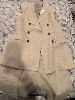 Sleeveless Double-Breasted Linen Vest and Pants Set - Gray/Beige